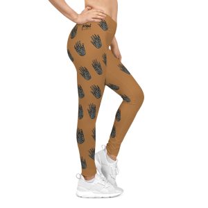 Women's Casual Brown Leggings with Hands Print, Trendy Activewear - Primal Elements Collection